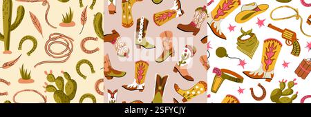 Cowboy-Muster. Nahtloser Druck mit traditionellen texanischen Elementen aus dem Westen Amerikas, modischen Cartoon-Ikonen mit Lederstiefeln, Hüten, Gürtel und Pistole. Vektor-Joker W Stock Vektor