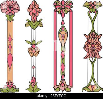 Jugendstil-Buntglasfenster mit Blumenmuster. Set aus vier Einsätzen aus geblümtem Buntglas im Jugendstil für Fenster, Rand oder Hintergrund Stock Vektor