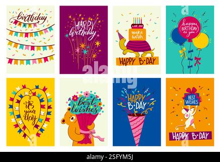 Happy Birthday Card. Comic-Postkarte mit flippigen Elementen aus den 90er Jahren, kreativer Einladung, süßen Desserts und lustigen Ballons. vektorbir Stock Vektor