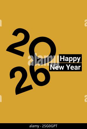 Festliches Design mit dem Jahr 2026 und dem Satz „Happy New Year“ in auffälliger schwarzer Typografie auf einem hellgelben Hintergrund, das ein Auge schafft. Stock Vektor