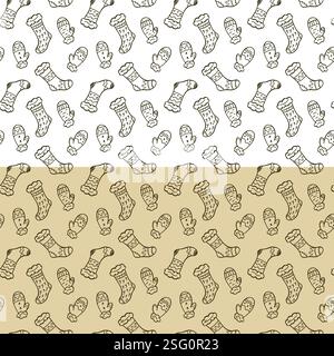 Nahtloses Muster für Weihnachtssocken. Handgezeichnete Pinselstriche Skizzierstil Illustration, Kritzeldekorative Winter warme Socken, Fäustlinge. Schwarz und Stock Vektor