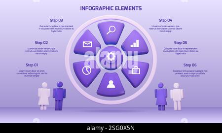 3D-Diagramm. Datenanalytische Präsentation. Kreisdiagramm mit Frau und Mann. Prozessschritte. Kreissegmentdiagramm. Informationsfeld mit Personen. Kreatives kreisförmiges Design. Vektor-Business-Infochart-Design Stock Vektor