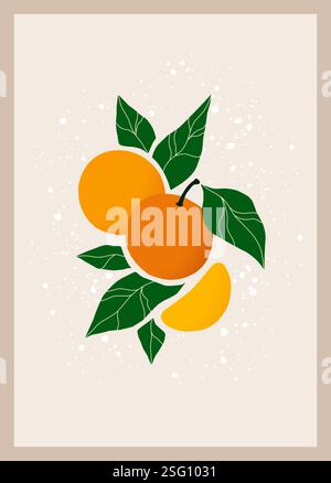 Poster mit Orangen-Zitrusfrüchten. Minimales isoliertes Design mit frischen Obstkarten. Mandarine und grüne Blätter, botanischer Sommerdruck. Exotisches tropisches, abstraktes Essen. Aufkleber oder Flyer. Vektor-Zeichentrick flache Illustration Stock Vektor