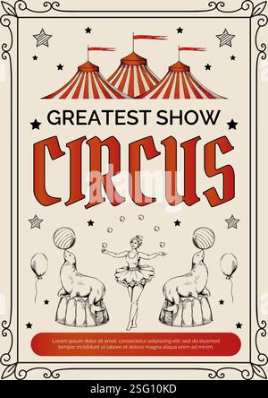 Vintage-Zirkus-Einladungsbanner. Poster im Retro-Design. Isolierte Elemente des Skizzenstils. Festliche Theatervorstellung, Unterhaltungs-Show-Flyer-Vorlage, Turner und Tiere. Vektorabbildung Stock Vektor