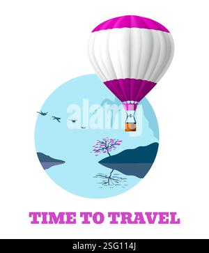 Heißluftballon. Reisezeit. Naturlandschaft. Wildes felsiges Tal. Berggipfel Landschaft. Malerischer See. Lufttransport. Sky Vehicle. Ballonflug. Sommertourismus. Vektor-Banner für die Reise Stock Vektor