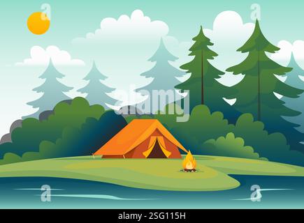 Camping im Wald. Waldlandschaft mit Zelt und Lagerfeuer, Wald und See oder Fluss. Panoramablick auf den Campingplatz. Wandertourismus Hintergrund. Sommerurlaub. Vektor-Cartoon flache Art isolierte Illustration Stock Vektor