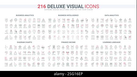 Business Intelligence und Finanzanalysen, grafischer Datenbericht, Finanzeinnahmen, Sparlinien-Symbolsatz. Sprache und Fremdsprachenlernen dünne schwarze und rote Umrisssymbole Vektorillustration Stock Vektor