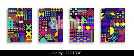 Sammlung vektorfarbener Poster mit abstrakten geometrischen Formen und Symbolen. Art Creative deckt Mode-Stil ab - Retro-Design 80er-90er Hell Stock Vektor