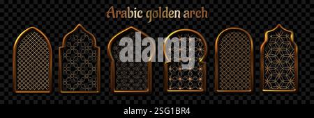 Islamisches Rahmenset. Ramadan 3D-Form, goldenes Fenster- und Türelement, eid mubarak Goldbogen, muslimische Kunst. Orientalische isolierte Rendersilhouette. arabesk geometrische Architekturobjekte. Vektorhintergrund Stock Vektor