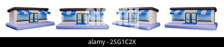 3D speichern. Isometrisches Ladengebäude. Markt- oder Supermarkt-realistisches Rendering. Mini-Business an der Straße. Boutiquehotel mit Markise. Café-Fassade. Einzelhandelsvorführung. Handelsservice. Vektorsymbole festgelegt Stock Vektor