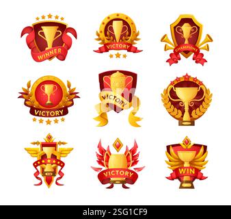 Siegeslogo. Goldene Becher auf rotem Schild und Bändern. Sport- und Business-Siegeslabel. Logo-Design. Logo und Symbol für die Meisterschaft. Vektor-Cartoon flache Art isolierte Illustration Stock Vektor