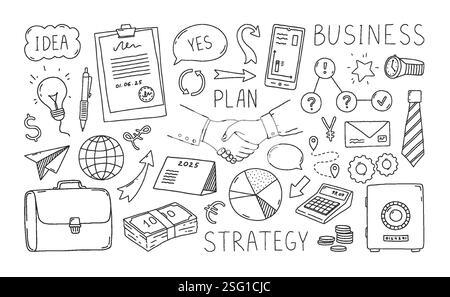 Geschäftssymbole von Dodole. Zeichnung von Geldskizzen. Projektstrategie. Partner geben Handshake. Pen-Diagramm Markt- oder Economy-Computer-Diagramm. Zeit für Büroideen. Aktentasche für Geschäftsleute. Vektorkontursymbole festgelegt Stock Vektor