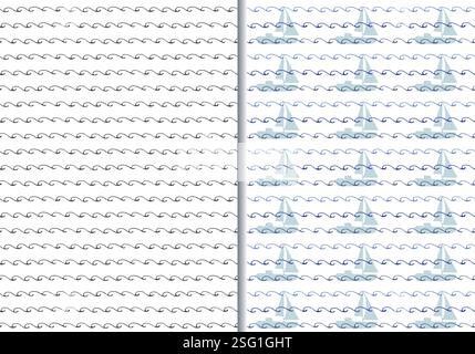 Nahtloses Muster mit gekritzelter Wellenlinie, 2er-Set, handgezeichnetes Pinseldesign mit Doodle, horizontale geometrische Gitterschablone, einfarbig blau Marine Stock Vektor