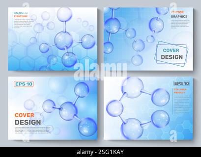 Chemische Moleküle. Wissenschaftliche Forschung. Bannerdesign für Chemielabore. Atom-Kugeln. Molekulares Formelmodell. Wissenschaftliche Abdeckung. Chemie- oder Medizinstudium. Vektorhintergründe festgelegt Stock Vektor
