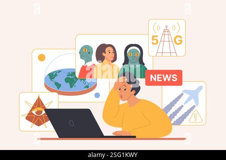 Verschwörungstheorie verbreitet sich online, Paranoia. Winziger Mann mit Panik, der am Computer sitzt, um falsche Fakten über flache Erde und 5G-Gefahr zu lesen, Reptilien in Menschenmenge Comic Vektor Illustration Stock Vektor