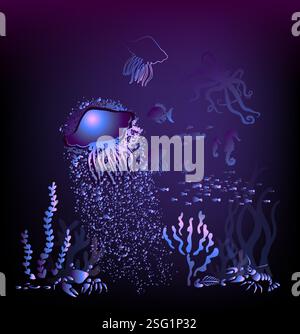 Meeresboden mit Fischen und Quallen. Handgezeichnet. Nicht AI, Vektorillustration Stock Vektor