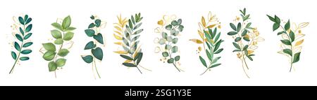 Goldene Blätter. Grüne, florale Aquarellelemente mit goldenem Dekor, Pflanzenhochzeit laden mit Pflanzenlaub ein. Elegante Premium-Luxus-Botanik. Eukalyptus und Olive. Dekorativer Vektor-Hintergrund Stock Vektor