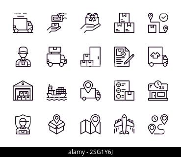 Übermittlungssymbole. Beschilderung der Frachtlogistik. Kostenloses Fahrrad. Bearbeitbarer Karton oder Paketpaket an der Haustür. Schneller Versand. Shop-Lager. Frachttransport. Transport im Businessbus. Vektorpiktogramme festgelegt Stock Vektor