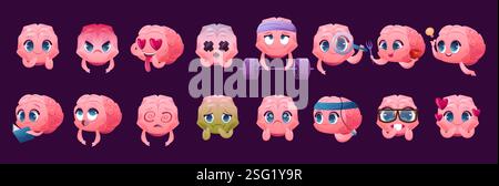 Brain Sticker. Niedliches Emoji im Inneren. Starkes animiertes Training. Gesunder und glücklicher Charakter. Emoticon lesen und studieren. Intelligent oder verwirrt. Mensch-Geist. Vektor-Zeichentricksymbole gesetzt. Lächelndes Gesicht Stock Vektor