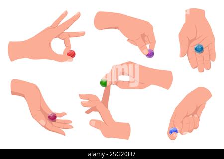 Hände halten farbige Kugeln. Die Leute spielen mit Glasmarmor. Altes Kid-Spiel der Schusskunst. Verschiedene Techniken. Geometrische Formen. Hochglanzperlen. Perle o Stock Vektor