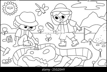 Vektor-Schwarz-weiß-Landschaftsillustration mit Paläontologen, die Dinosaurier Fossilien und Knochen graben. Niedliche Line-Szene mit prähistorischen Tierschenienten Stock Vektor