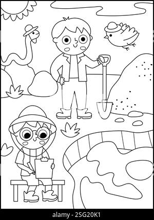 Vektor-Schwarz-weiß-Landschaftsillustration mit Paläontologen, die Dinosaurier Fossilien und Knochen graben. Niedliche Line-Szene mit prähistorischen Tierschenienten Stock Vektor