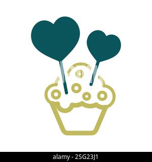 Cupcake mit zwei Herzen Ikone. Valentinstag-Symbol. Vektorgrafik, romantische Elemente. Aufkleber, Aufnäher, Abzeichen, Karte für Hochzeit, Hochzeit Stock Vektor