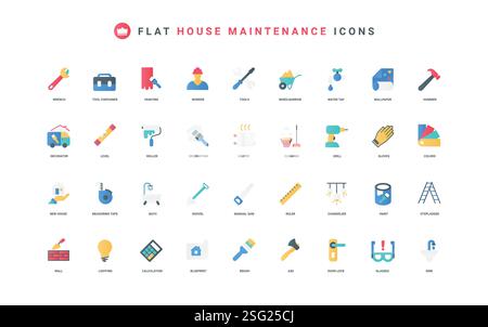 Bauarbeiter, Reparatur- und Sicherheitsausrüstung für Bauarbeiter, Labor Day, Renovierung von Häusern, Farbsymbole. Handwerker und Auftragnehmer diy Werkzeuge von Werkzeugkasten für Wartungsarbeit flache Elemente Vektor Illustration Stock Vektor