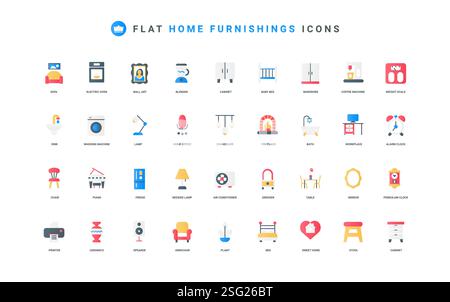 Möbel und Elektrogeräte für Komfort in Heim Farbsymbole. Sofa und Stuhl, Kleiderschrank und Spiegel, Bett und Schreibtisch für Schlafzimmer Wohnzimmer Küche Badezimmer flache Elemente Vektorillustration Stock Vektor
