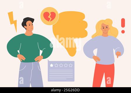 Feedback über schlechte Kundenerfahrung, Abneigung in sozialen Medien, negative Meinung. Winzige wütende Menschen, die die Daumen nach unten halten, um schlechte Qualität von Produkt- oder Service-Cartoon-Vektorillustration zu bewerten Stock Vektor