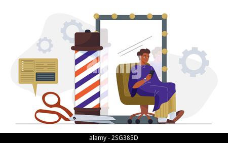 Friseur-Shop-Konzept. Mann, der in einem Stuhl neben einer großen Schere sitzt. Schönheitsbehandlung, Ästhetik und Eleganz. Friseurservice. Haarwechsel und Stock Vektor