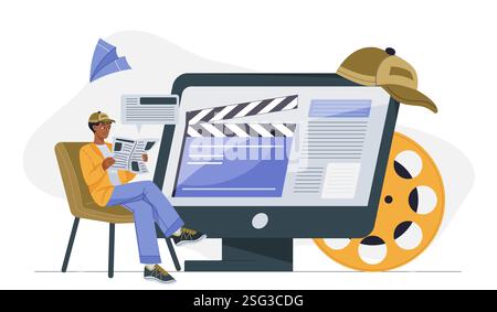 Filmregisseur online. Mann, der neben Computerbildschirm und Filmrolle sitzt. Filmemacher und Filmindustrie. Filme und Fernsehserien. Direktor und Stock Vektor