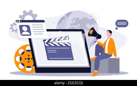 Filmregisseur online. Mann mit Lautsprecher in der Nähe des Tablets. Filmemacher und Filmindustrie. Filme und Fernsehserien. Regisseur und Drehbuchautor. Flach Stock Vektor