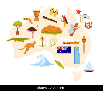 Reisen Sie nach Australien, architektonische Wahrzeichen und Tierwelt, Elemente der ethnischen Kultur auf der Infografik der Landkarte. Sydney Opernhaus, Berglandschaft, Papagei und Känguru Cartoon Vektor Illustration Stock Vektor