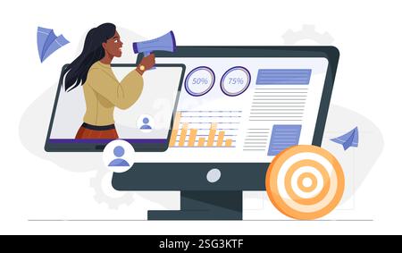 Digitale PR-Verwaltung. Frau mit Lautsprecher am Computerbildschirm. Analyse der Nutzermeinungen. Werbung und Marketing im Internet. Öffentlichkeitsarbeit Stock Vektor