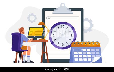 Projektmanager am Computer. Mann, der neben Kalender und Uhren sitzt. Planung und Planung. Zeitmanagement und Organisation eines effizienten Arbeitsprozesses Stock Vektor