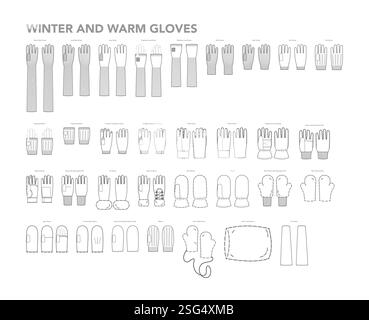 Set von Handschuhen - Winter und warme Mode mit Namen Hand Accessoire Kleidung technische Illustration Kleidung. Vektor für Männer, Frauen, Unisex flache Vorlage CAD-Zeichentrickstil isoliert auf weißem Hintergrund Stock Vektor