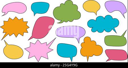 Set mit niedlichen Vorlagen für Sprechblasen im Doodle-Stil. Dialogballons, Textfelder, Ideenbanner, Nachrichtenbeschriftungen, Rahmen für Zitate oder Konversationstags isoliert auf weißem Hintergrund. Vektorabbildung. Stock Vektor
