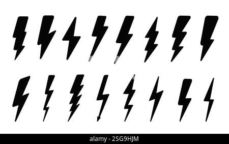 Blitzstarke Symbole gesetzt. Energie und Strom, Geschwindigkeit. Blinkpfeil. Laden und Spannung. Thunderbolt und Sturm. Kraft und Schlag. Linearer Vektor Stock Vektor