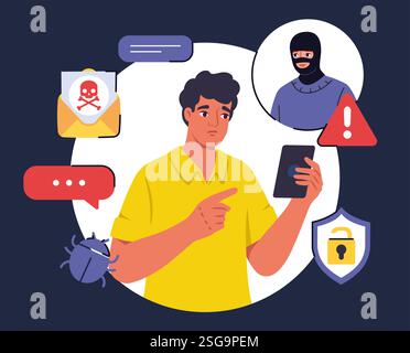 Betrug in sozialen Medien. Der maskierte Mann stiehlt persönliche Informationen von dem jungen Kerl. Gefahr im Internet, bei Boten und in sozialen Netzwerken. Cyberkriminalität. Flacher Vektor Stock Vektor
