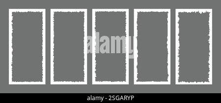 Weiße Rechteckform mit gezackten Kanten. Zerrissenes und ausgeschnittenes Papier, gerissener Streifen. Satz vertikaler Grundierrahmen. Vektordarstellung isoliert auf Grau Stock Vektor