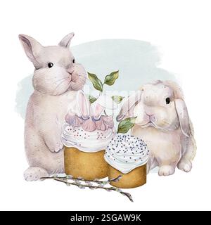 Eine zierliche Aquarellillustration mit zwei entzückenden Häschen neben dekorierten Ostermuscheln, umgeben von einem sanften blauen Hintergrund und Weidenzweigen. Perfekt für festliche Designs. Stockfoto