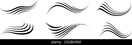 Bewegungslinie des fließenden Windes. Air Wave Shape Kollektion. Blowing Hurrikan, Brise oder Sturmlinien Konzept. Schwarze Wirbel, Kurven und Spiralen bündeln sich. Symbolpaket Luftbewegung und Böen. Vektor Stock Vektor
