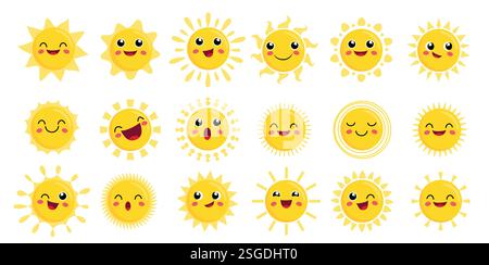 Sun Happy Face Clipart Set. Sonnenschein Emoticon Zeichen in niedlichen gelben Zeichnung Clip Art mit verschiedenen Strahlen Sammlung Vektor Illustration. Stock Vektor