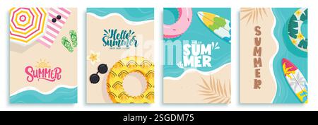 Hello Summer Clipart Poster Set. Sommer Grußkarte in Strand Meer Top View Clip Art Sammlung mit tropischen Elementen Vektor Illustration. Stock Vektor