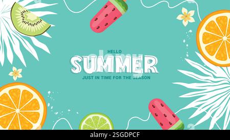 Hallo Sommergruß Clipart Hintergrund. Grußtext für den Sommer in grünem abstraktem Clip-Art mit tropischen Elementen wie Kiwi, Zitrone, Orange und Eis Stock Vektor