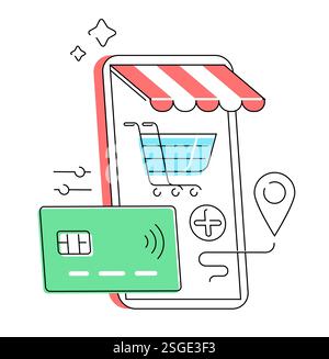 Online-Shopping mit Lieferung über die mobile App. Große Smartphone- und Kreditkartenzahlung. Digitales Marketing Stock Vektor