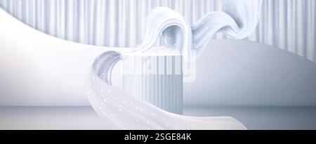 Weißes, zylindrisches Podium mit fließendem Stoff, Welleneffekt und weichem vertikalen Vorhang an der Wand. Minimalistischer Präsentationshintergrund mit Funkeln und eleganter Beleuchtung für luxuriöse Produktpräsentationen. Stock Vektor