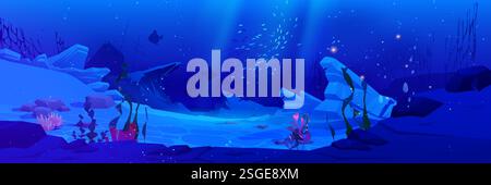 Unterwasserhintergrund des Ozeans. Tiefseeboden - Meereslandschaft mit schwimmenden Fischen, Algen und Korallenriffen. Dunkelblaue Karikaturszene mit exotischen Pflanzen und versunkenen Schiffswracks. Stock Vektor