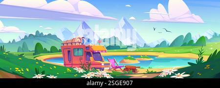 Wohnmobil parkt in der Nähe des Bergsees - Lastwagen mit Dachgepäck auf blühenden Gänseblümchen und grüner Wiese. Sommerreiseszene mit Campingstuhl, Feuerholz, Gipfeln, Vögeln und Teichwasser. Stock Vektor